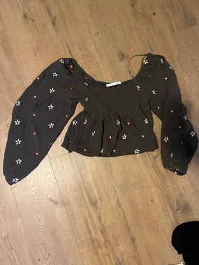 Olive Green Floral Crop Peplum Puff Sleeves